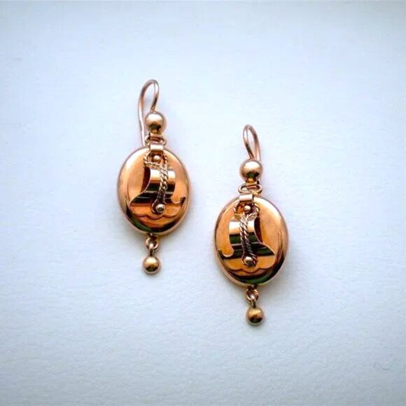 Antique Vintage Russian USSR 14K 583 Rose Pink Gold 3D Dangle Drop EARRINGS # 1 - Picture 3 of 10